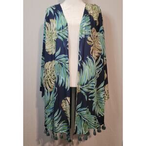Time For Me 2X blue multicolor tropical leaf open front tasseled hem kimono